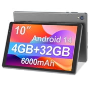 Android Tablet, 10 inch Android 14 Tablet, Quad-core CPU, RAM 4GB（2G+2G）, ROM 32GB (Up to 1TB), 800x1280 IPS, WiFi 6, 2MP+2MP, 6000mAh, Grey