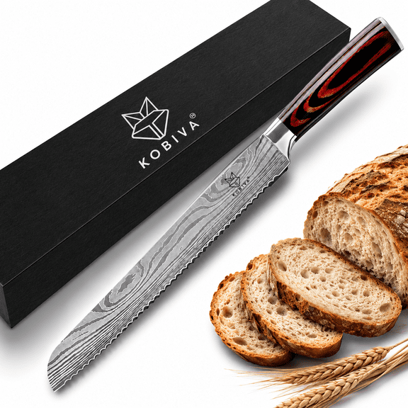 Kobiva Bread Knife 10 Inch | Serrated Knife for Homemade Sourdough Bread | Japanese High Carbon Stainless Steel | Razor Sharp Wavy Edge | Ergonomic Pakkawood Handle | Cake, Bagel & Baguette Slicer