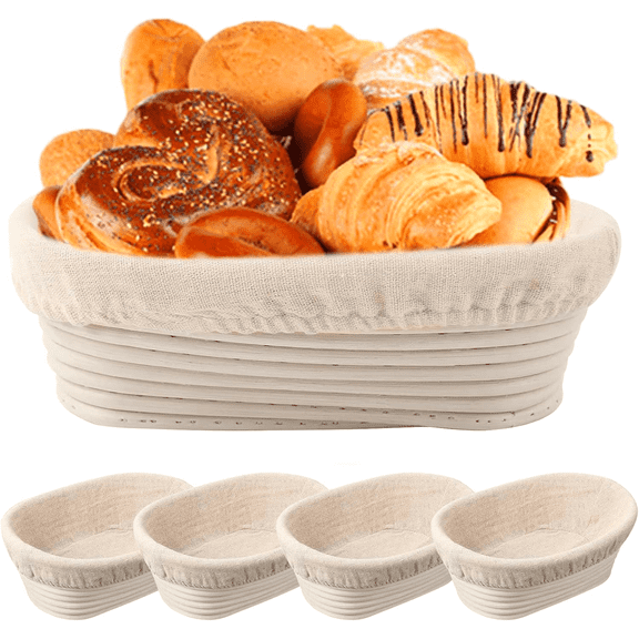 10 inch Bread Proofing Baskets Set of 4 Oval Shaped Dough Proofing Bowls w/Liners Perfect for Professional & Home Sourdough Bread Baking
