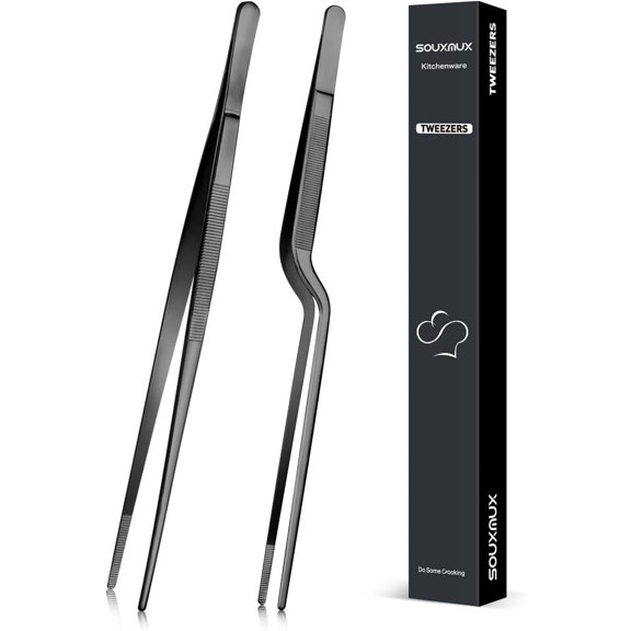 10-inch Cooking Tweezer and Offset Tweezer Set, Tongs Precision Serrated Tips, Stainless Steel Professional Chef Tweezer Kitchen Tools for BBQ, Plating and Serving