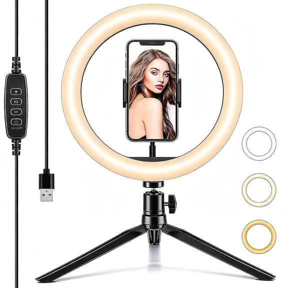 10 inch Desk Ring Light with Tripod Stand, 3 Light Modes, 11 Adjustable Brightness Levels