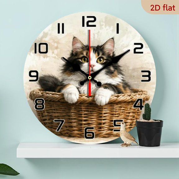 10-inch Fantasy Wooden Wall Clock, Fluffy Cat Motif, Silent Operation, Perfect for Bedroom, Living Room, Kitchen, Office Decor, Thoughtful Birthday, Holiday Present (Batteries Not Included)