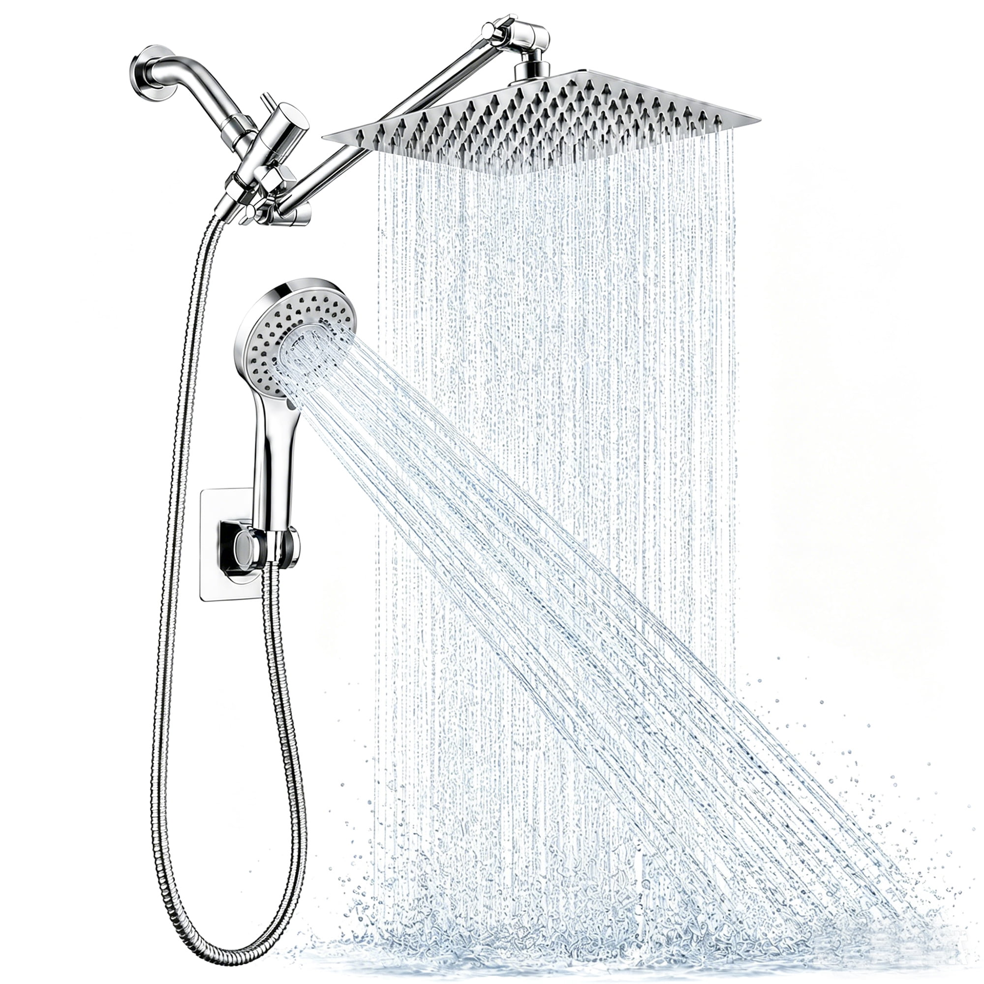 ZOWWKLLY Shower Head, 10” High Pressure Rain Shower Head with Handheld Shower Head Combo, Double & Tandem Shower Head Design, 11" Adjustable Arm, Anti-Clog Nozzles & 59" Hose (Silver)