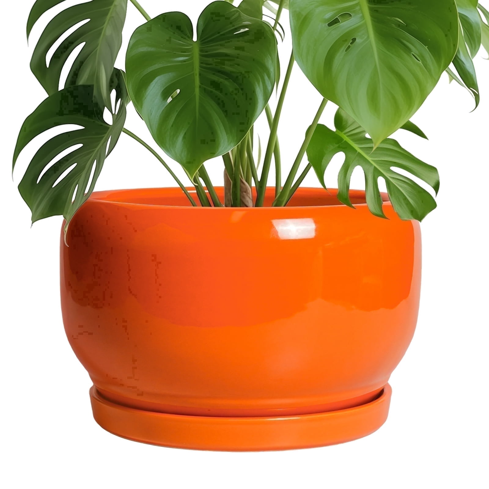 10 inch Flower Pots, Large Round Ceramic Planter with Saucer & Drainage, Modern Pot for Indoor Plants & Flowers, for Cheerful Home Decor, Glossy Orange