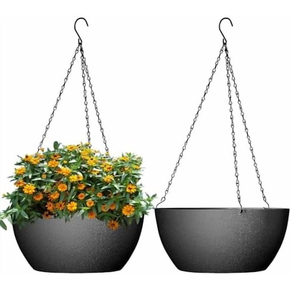10 inch Hanging Planters for Outdoor Indoor Plants with Drainage Holes and Chain, 2 Pack Round Hanging Flower Pots for Garden Home Porch Decor, Black