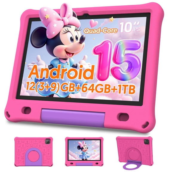 10inch Kids Tablet Android 15,1280x800 HD Ips Display Tablet with Eva Case,12GB (3g+9g) RAM+64GB Rom,Quad-Core, Wi-Fi6,6000mAh,Parental Control App Google Certified - Pink