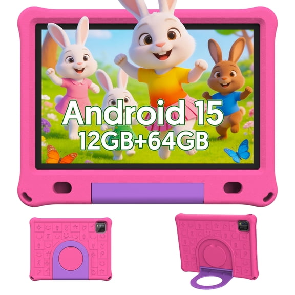 10inch Kids Tablet Android 15,1280x800 HD IPS Display Tablet with EVA Case,12GB (3g+9g) RAM+64GB Rom,Quad-Core, Wi-Fi6,6000mAh,Parental Control App Google Certified - Pink