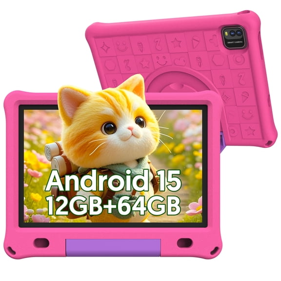 10inch Kids Tablet Android 15,1280x800 HD IPS Display Tablet with EVA Case,12GB (3g+9g) RAM+64GB Rom,Quad-Core, Wi-Fi6,6000mAh,Parental Control App Google Certified - Pink