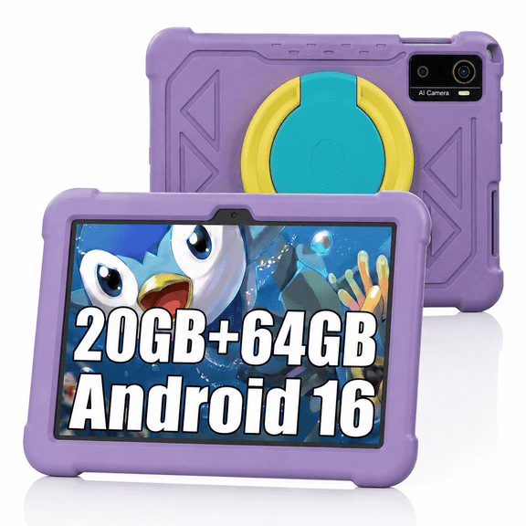 10 inch Kids Tablet, Android 16, 20GB RAM, 64GB ROM, Parental Control, Shockproof Case, Wi-Fi,GPS,BT 5.0,Pre-Installed Learning Apps,Educational Tablet