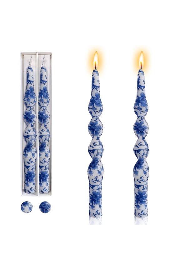 10 inch Original Handmade Taper Candle Blue and White Porcelain Pattern Spiral Candle Unscented Candlestick for Home Decoration Weddings Party Gift, 2 Pcs