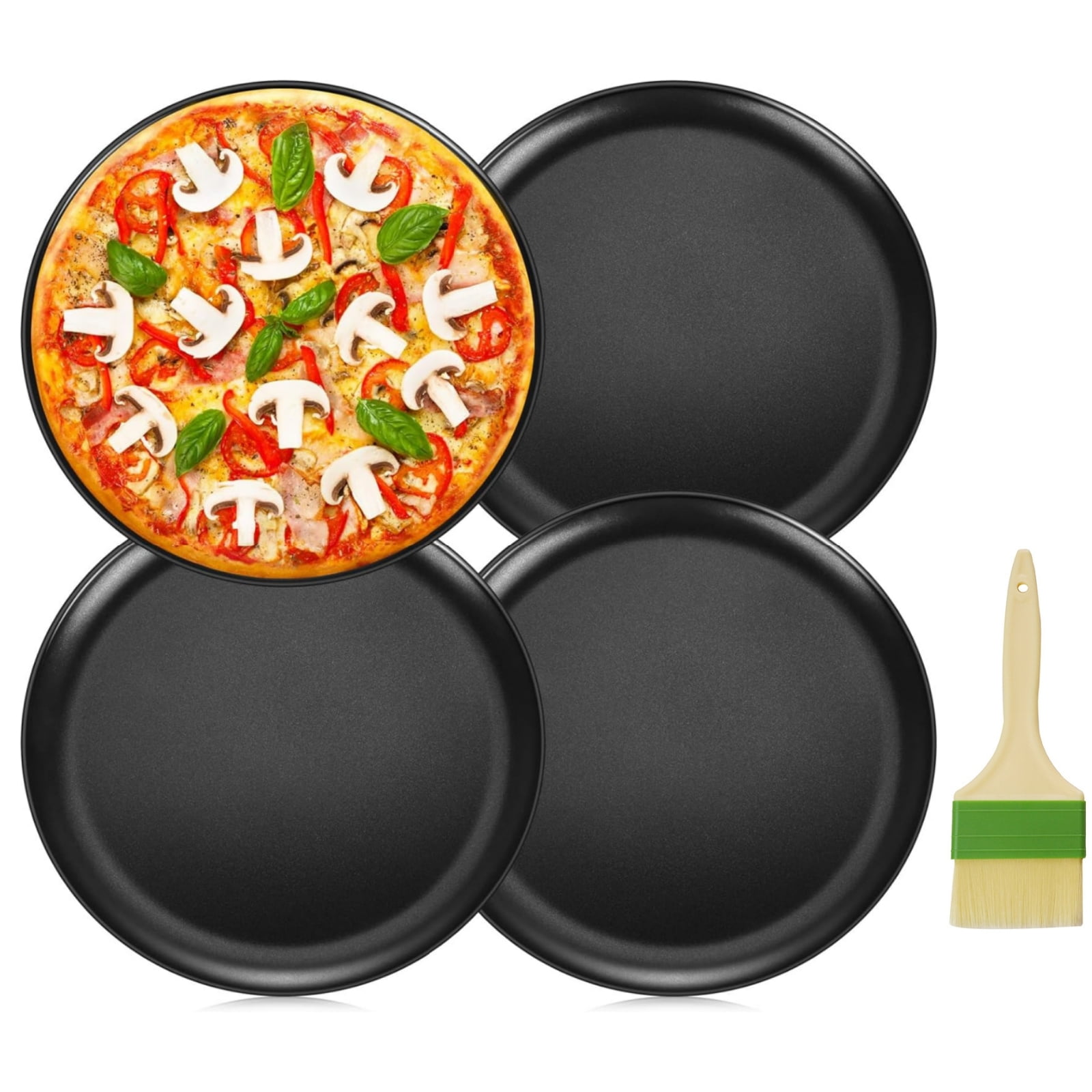 10 inch Pizza Pan, Boriyuan 4 Pcs Non-Stick Pizza Tray with Oil Brush, Round Baking Pan for Oven, Reusable Bakeware for Home Restaurant Kitchen Baking Supplies, Black