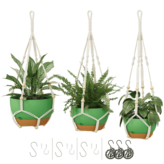 10 inch Plant Pot Hanging Planters Self Watering Pots for Indoor Plants, 3 Pack Plastic Hanging Basket with Removable Tray for Home Garden Porch Balcony Patio Decor,green