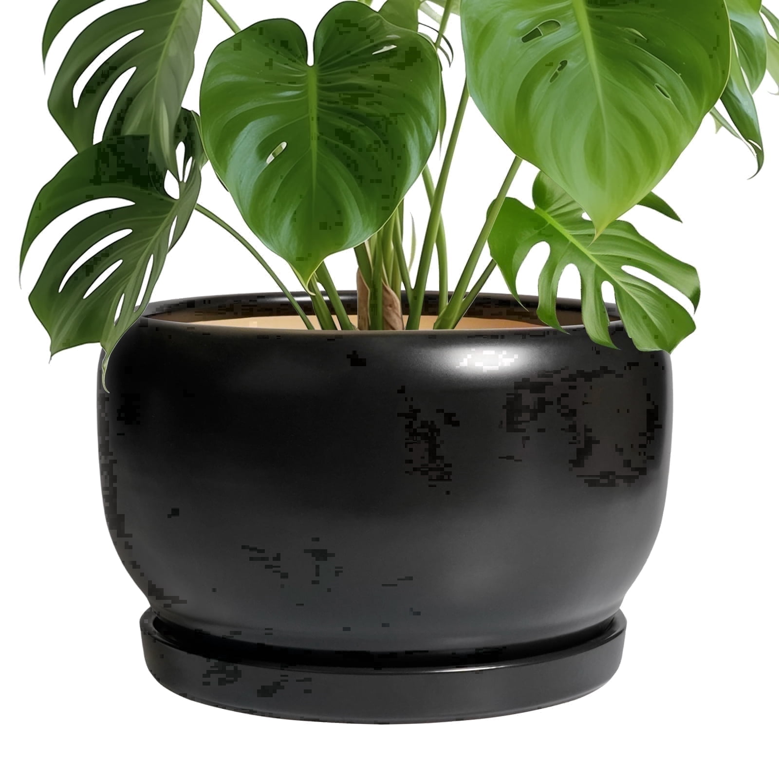 10 inch Pots for Plants, Large Round Ceramic Planter with Saucer & Drainage, Modern Flower Pot for Live Houseplants & Office Decor, Matte Black