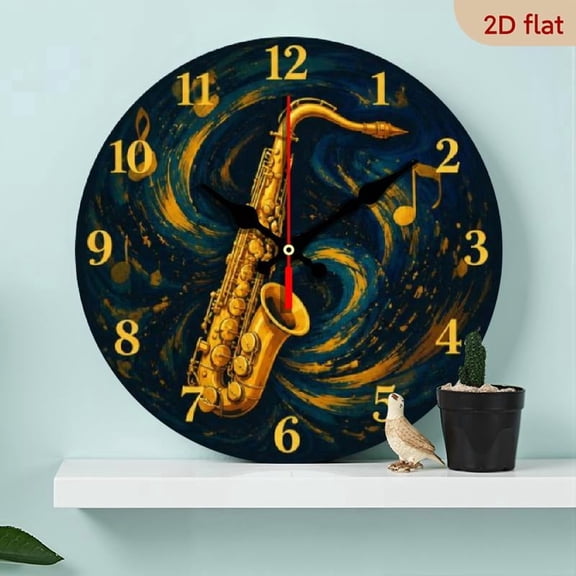 10-inch Quiet Wall Clock - Modern Saxophone Art with Dark Blue Face and Gold Accents, Non-Ticking Quartz Mechanism, Elegant Decor for Living Room, Bedroom, Office, Battery Powered (AA Batteri