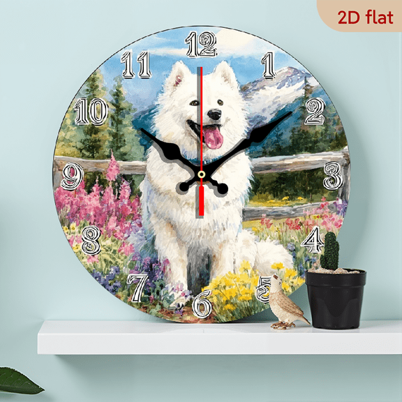 10-inch Quiet Wooden Wall Clock - Samoyed Dog Floral Mountain Scenery Artwork - Rustic Modern Farmhouse Decor - Absolutely Silent, No Ticking Sound - Battery Powered (AA Not Included) Perfect