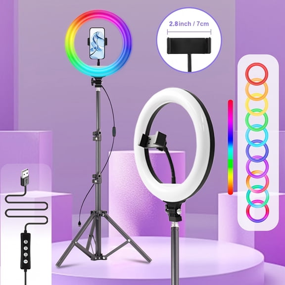 10-inch RGB LED Ring Light with Stand, Compatible with Tripods up to 43", Includes 2 Phone Mounts, 5000K Color Temp - Ideal for Live Streaming, Makeup, YouTube, TikTok & Vlogging.