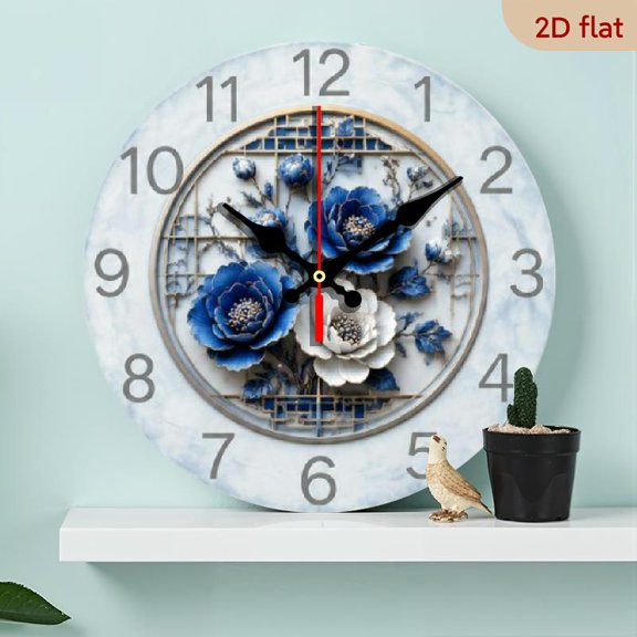 10-inch Retro Floral Wall Clock, Blue and White Rose Pattern, Silent Non-Ticking Wooden Clock for Home, Bathroom, Office, Battery Operated - Ideal Gift for Parents and Teachers