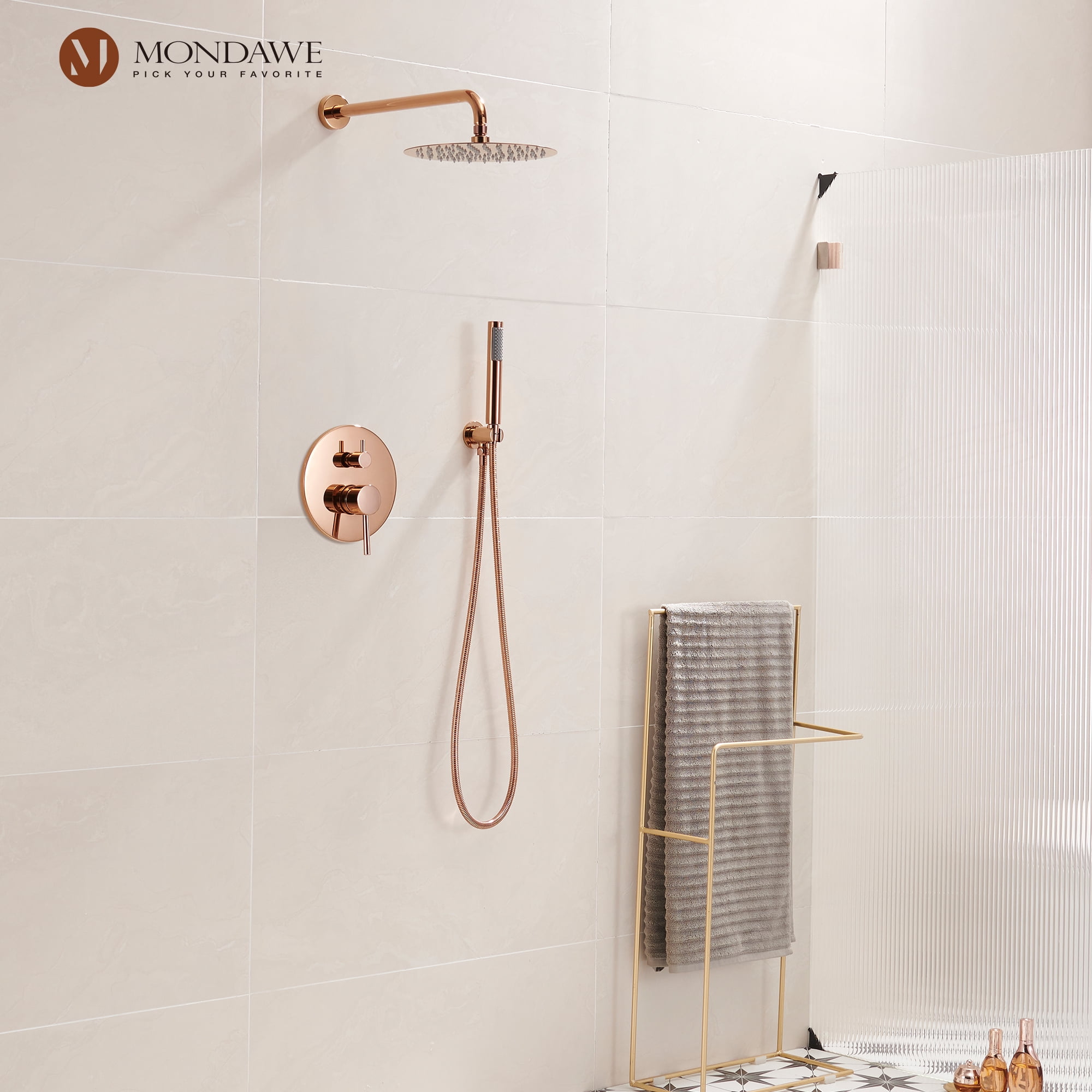 Rose Gold Wall Mounted Rain Shower System with Handheld