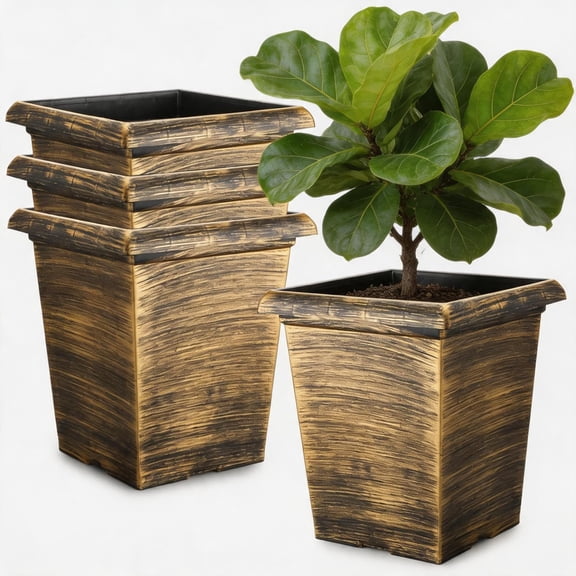 10 inch Square Planters - 4 Pack Deep 13 inch Plastic Plant Pot with Drainage Holes & Raised Feet 4 Gal Heavy Duty Thick Indoor Outdoor Flower Pot for Trees, Roses, Tomatoes