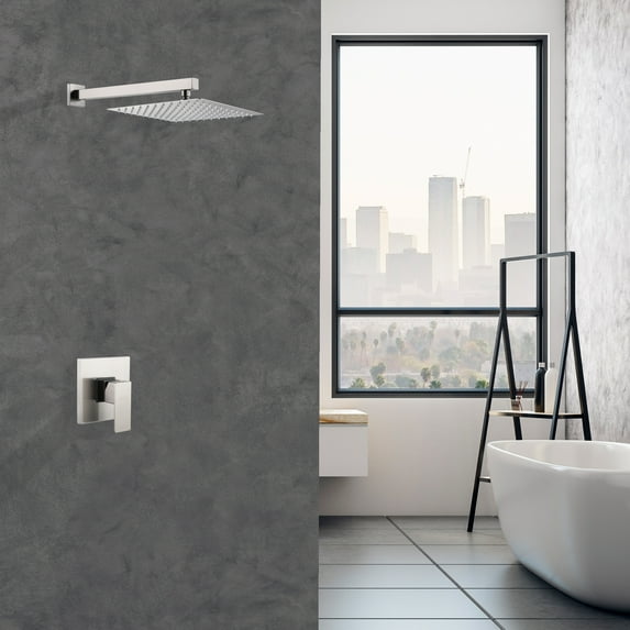 10 inch Square Rainfall Head Shower, Wall mounted Bathroom Square Fixed Shower Head with High Pressure, 15-Inch Stainless Steel Extension Arm, Adjustable water flow, Ceramic valve-Brushed Nickel