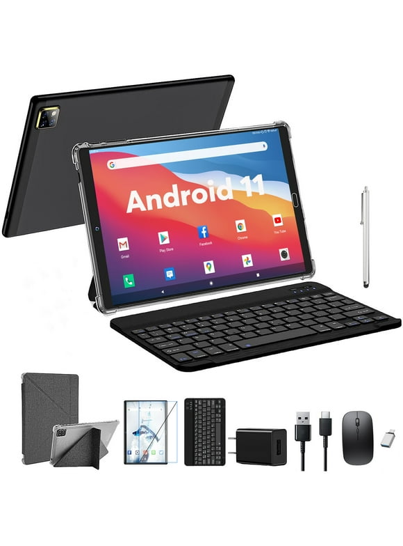 10 inch Tablet Android 11 Tablets with Keyboard, 4GB RAM 64GB ROM 128GB Expand, 5G/2.4G Wi-Fi, Quad-Core processor, HD IPS Display, GPS, 6000mAh Tablet PC with Case,Mouse,GMS Certified,Black