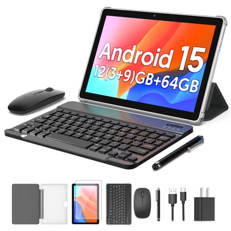 10 inch Tablet Android 15 Tablets 12(+9)GB+64GB+1TB Expand, 4-Core CPU,5G Wifi,2+8MP Camera