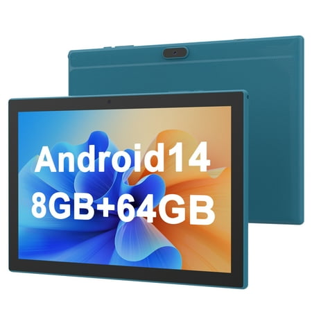 10 inch Tablet Android 14 Tablets, 8GB RAM 64GB ROM 1TB Expandable, Quad-Core Processor Tablet PC, 1280x800 IPS HD Touch Screen, 6000mAh Battery, 2MP+8MP Dual Camera, WiFi6, BT, Google GMS, Navy