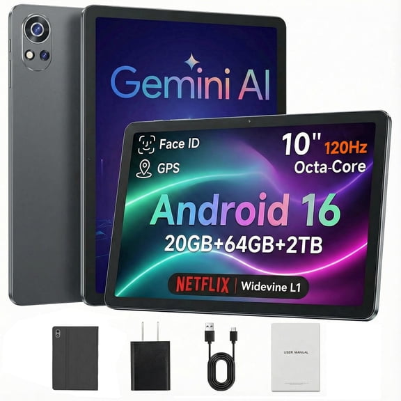 10-inch Tablet Android 16,120Hz Display,T7200 Octa-core,20GB+64GB+2TB Expandable,6000mAh, Gemini AI,Face ID,Widevine L1,GPS, tablet with Case
