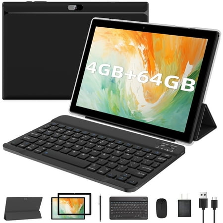 10 inch Tablet Android, 2 in 1 Tablet with Keyboard, 4GB+64GB Tablet PC, Quad Core, 1280 * 800 HD Screen, Dual Camera, Wi-Fi, BT Computer Tablets with Case Mouse Stylus