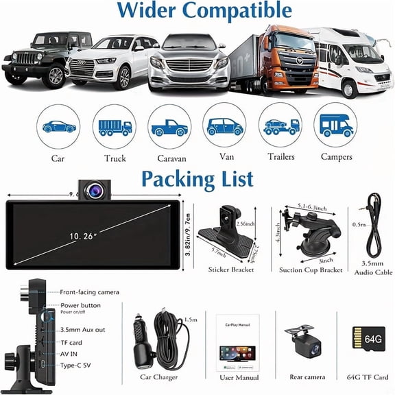 10-inch Touch Screen Car Dash Cam: 2.5K Front & 1080P Rear Camera, CarPlay & Android Auto, GPS, Voice Control. Suitable for Car Recording. Features A Rotatable Camera for Rear Seat Monitoring.