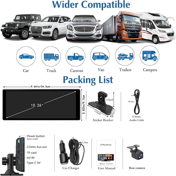 10-inch Touch Screen Car Dash Cam: 2.5K Front & 1080P Rear Camera, CarPlay & Android Auto, GPS, Voice Control. Suitable for Car Recording. Features A Rotatable Camera for Rear Seat Monitoring.