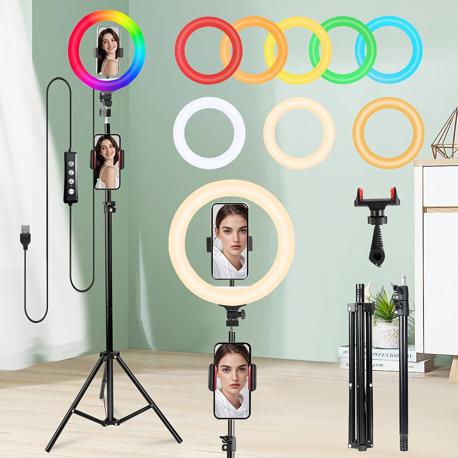 10-inch Upgraded RGB Ring Light with Phone Mount & 63" Stand - Portable for Vlogging, Makeup, Live Streaming & Photography, with Desktop-level Dimming Control