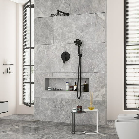 10 inch Wall Mount Rainfall Shower Head & Handheld Spray, Rain Shower System Tub Shower Faucet Set,Matte Black