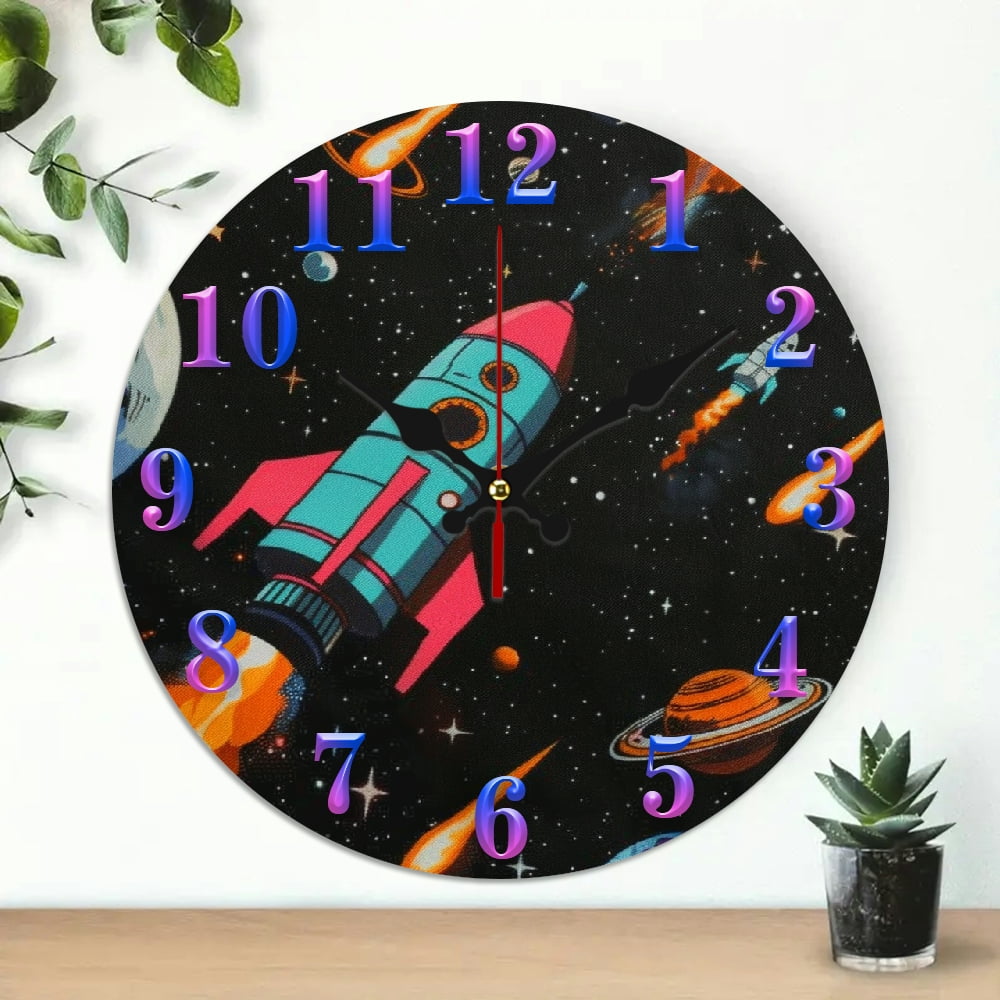 10 inch Wood Wall Clock, rocket ship spaceship space art Print, Wall