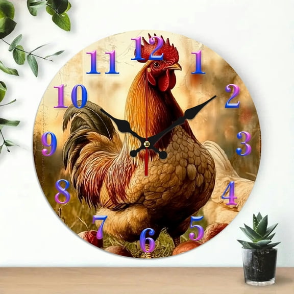 10 inch Wood Wall Clock, rooster chickens grass Print, Battery Operated (AA Not Included) Wall hanging decor - Great for Living Room, Kitchen, Dorm Decoration and Daily Practical Gift