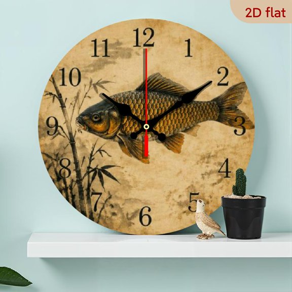 10-inch Wooden Silent Round Wall Clock, Rustic Retro Fish Art Decor for Kitchen, Living, Dining Room, Halloween & Christmas Decor (Batteries Not Included)