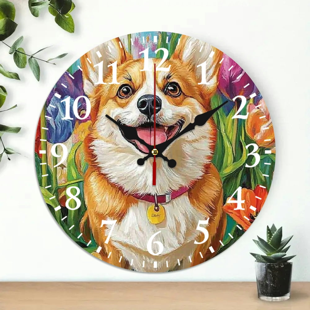 10 inch Wooden Wall Clock, Cute dog tulips Print, Battery Operated (AA