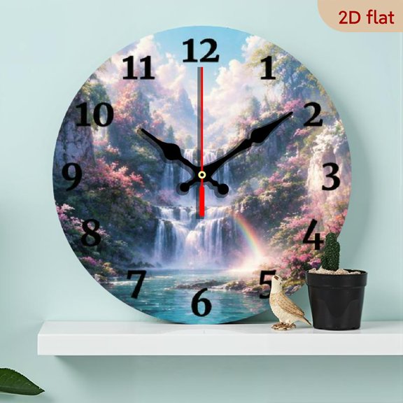 10-inch Wooden Wall Clock, Serene Waterfall & Cherry Blossom Design, Modern Fantasy Silent Round Clock for Home, Kitchen, Bedroom, Bath, Gift for Christmas, Thanksgiving, Birthday (AA Batterie