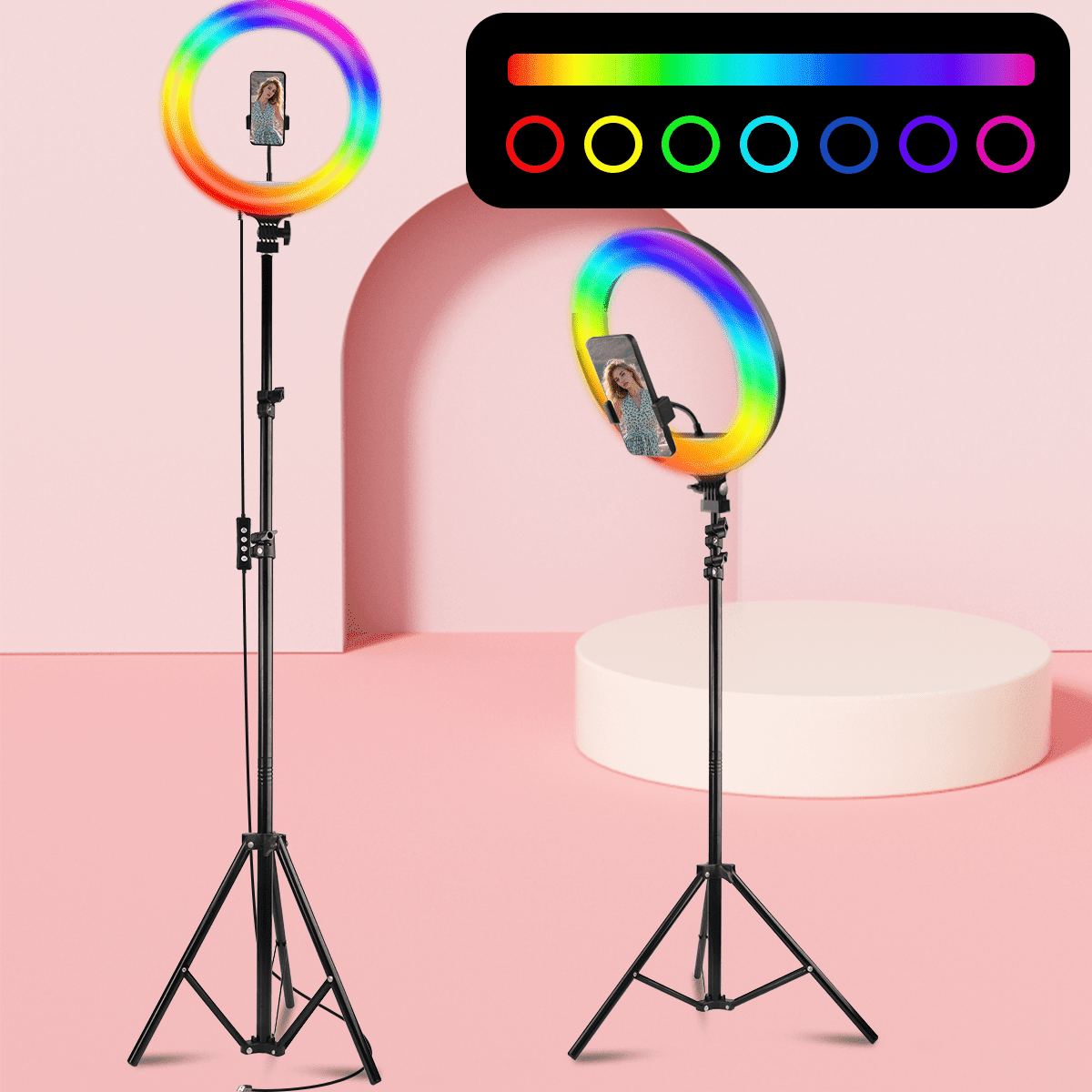 10-inch adjustable RGB LED ring light with a 63-inch telescoping stand—featuring stepless dimming, ideal for professional Zoom meetings in low-light environments