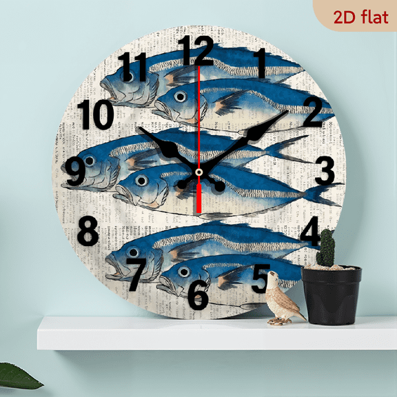 A 10-inch two-dimensional flat wooden clock with the theme of "A Group of Fish", suitable for decoration in bedrooms, living rooms and bathrooms. It is an ideal gift for Christmas and New Year.