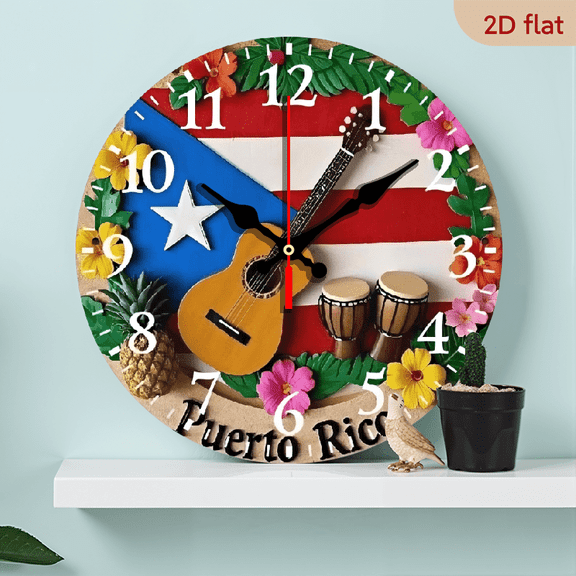 A 10-inch wall-mounted clock with a Puerto Rican theme, featuring guitars, tambourines, pineapples and flowers, has a bold style and is rich in regional characteristics.