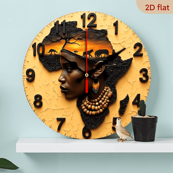 A 10-inch wall-mounted clock featuring African regional style relief patterns, with an African map as the outline and incorporating female figures, exuding a strong sense of regional culture.