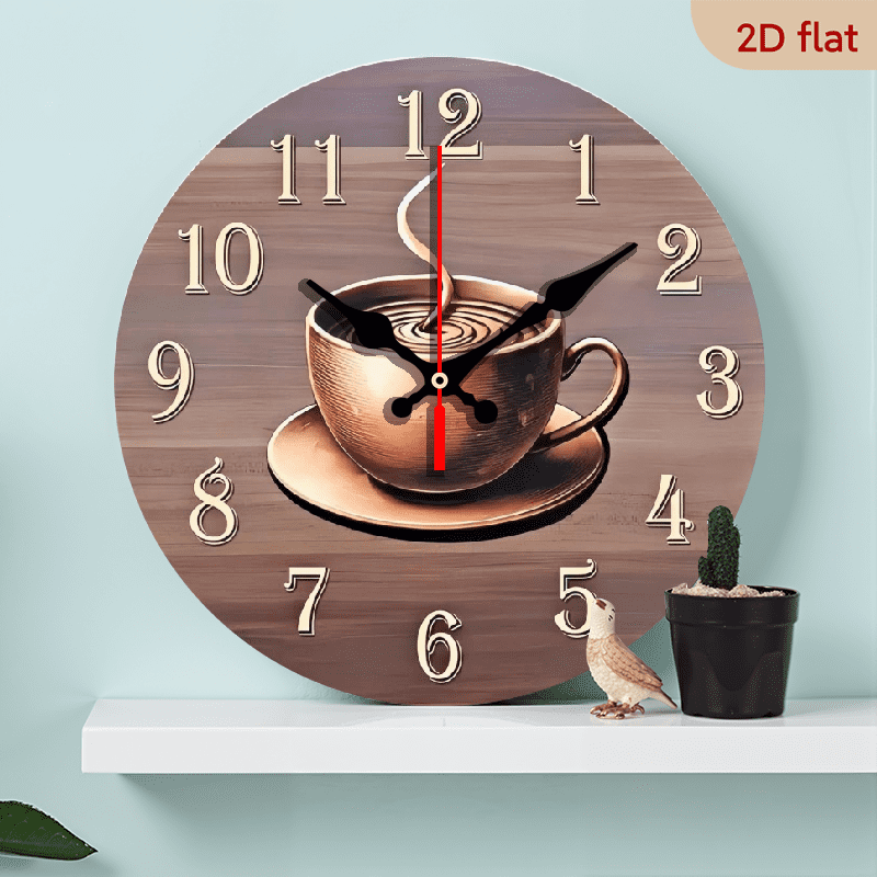 A 10-inch wall-mounted clock featuring a coffee cup theme, with a warm ...