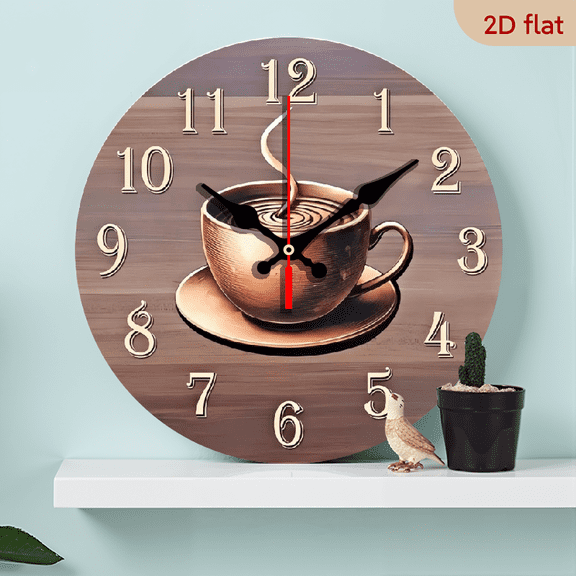 A 10-inch wall-mounted clock featuring a coffee cup theme, with a warm brown color, a cozy clock that is suitable for placement in kitchens, dining rooms, and other spaces.