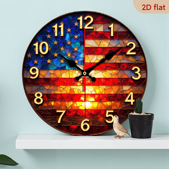 A 10-inch wall-mounted clock, featuring a patriotic flag painting theme, with a blue background, white stars and red and white stripes combined to form the dial.