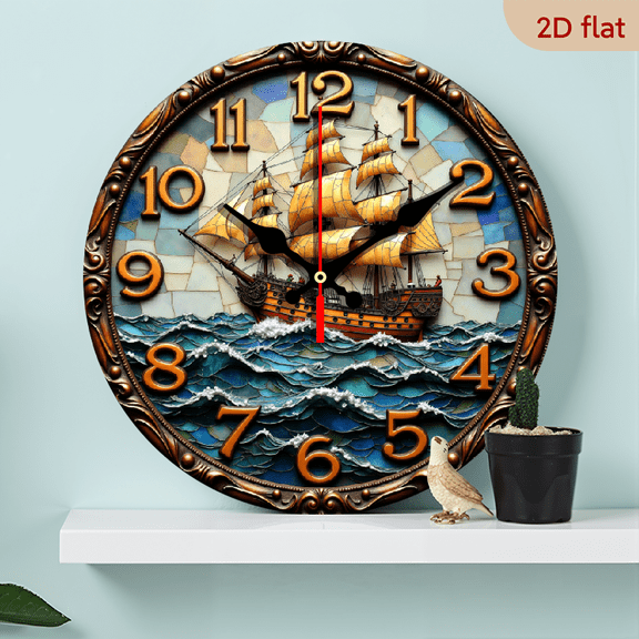 A 10-inch wall-mounted clock, featuring a retro colored glass sailing ship design, with a carved metal frame, recreating the maritime style of the Middle Ages.