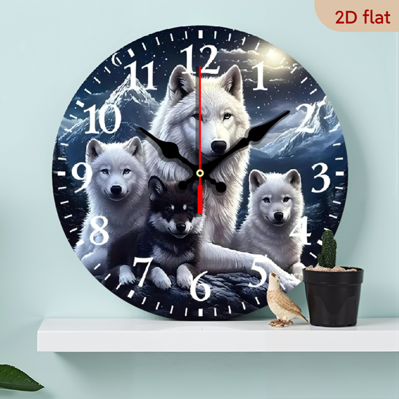 A 10-inch wall-mounted clock, featuring the theme of "Snowy Desert Wolf", with a backdrop of snow-capped mountains and starry sky. It is suitable for spaces with a cool tone.