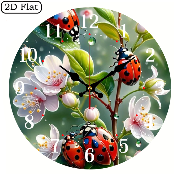 A 10-inch wall-mounted clock featuring the theme of ladybug cherry blossoms. The overall color scheme is fresh, making you feel as if you were in the microscopic world of spring.