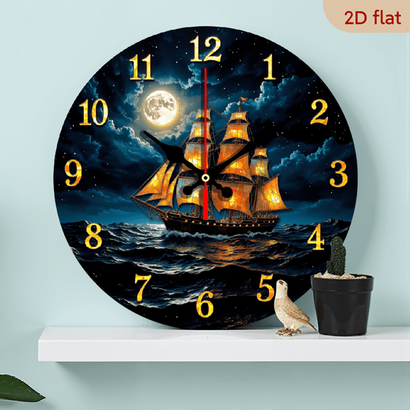 A 10-inch wall-mounted clock, featuring a theme of a moonlit sailing ship. The full moon and stars adorn the background, allowing time to seamlessly blend with the maritime atmosphere.