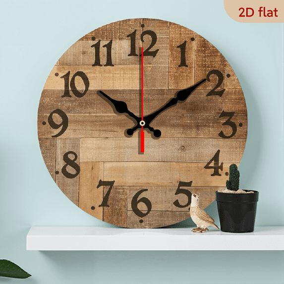 A 10-inch wall-mounted clock, featuring a theme of vintage wood paneling, with distressed wood grain and bold numbers, presenting an industrial style that is simple and unadorned.